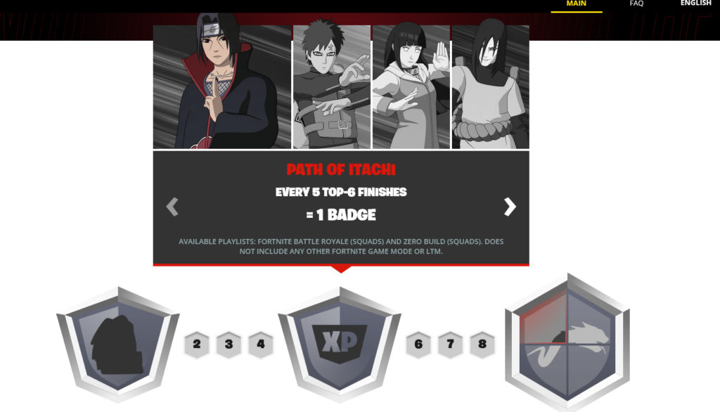 Hinata, Orochimaru, Gaara, and Itachi above a badge progress bar counting up to 9