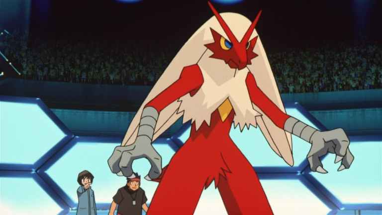 Blaziken standing in an arena, ready to battle in the Pokémon anime.