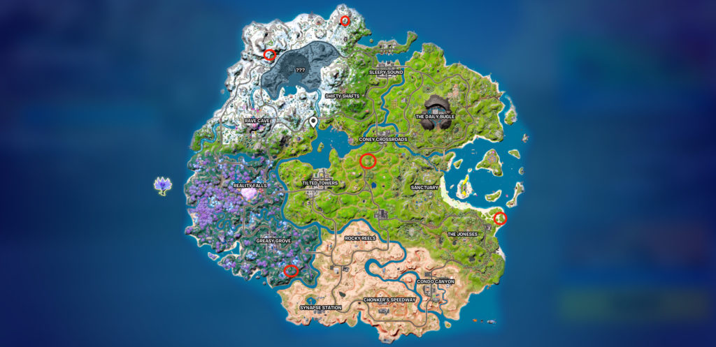 Fortnite chapter three season three map with locations circled