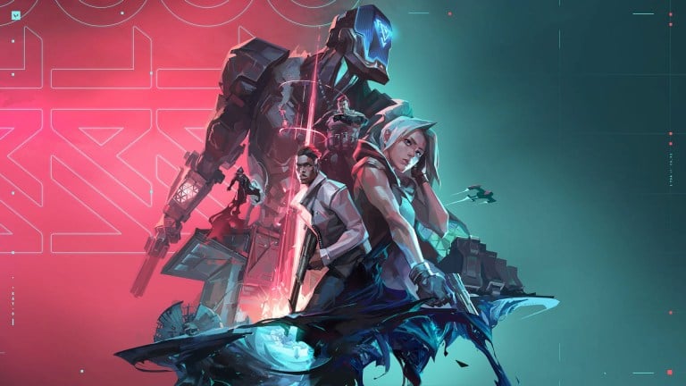 An image featuring various VALORANT agents preparing for battle, including a large silhouette of KAY-O in the background.