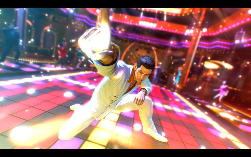 Kiryu busts a move on a disco dance floor.