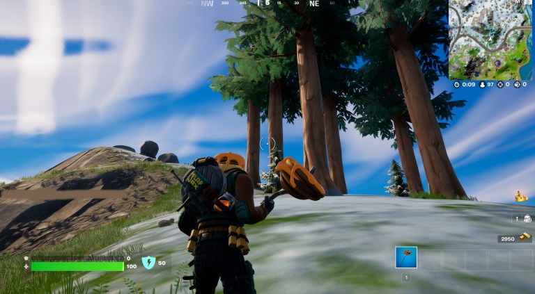 A character in Fortnite looks up at some tall pine trees