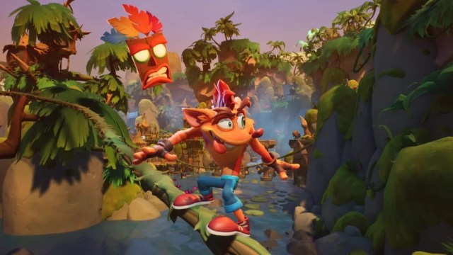 crash bandicoot grinding down a vine while aku aku follows