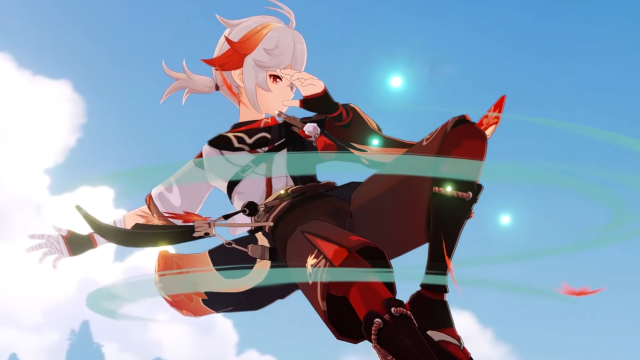 The five-star Anemo Sword character Kazuha gliding through the air with his Anemo powers swirling around him.
