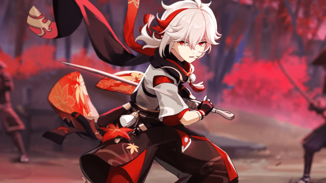 Kazuha unsheathing his sword and preparing for battle in a forest full of red trees.