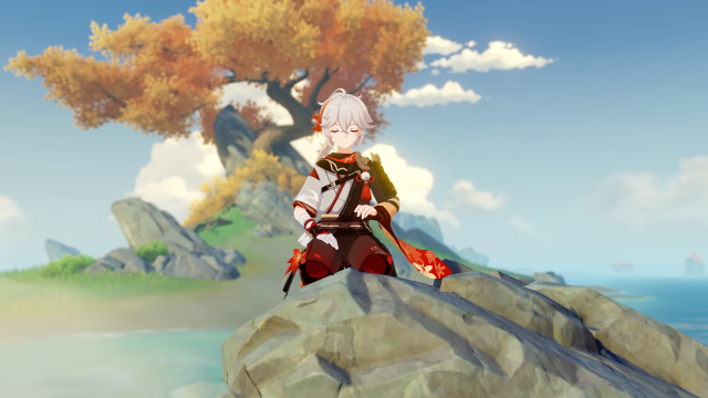 Kazuha kneeling on a rock with his eyes closed as he mediates.