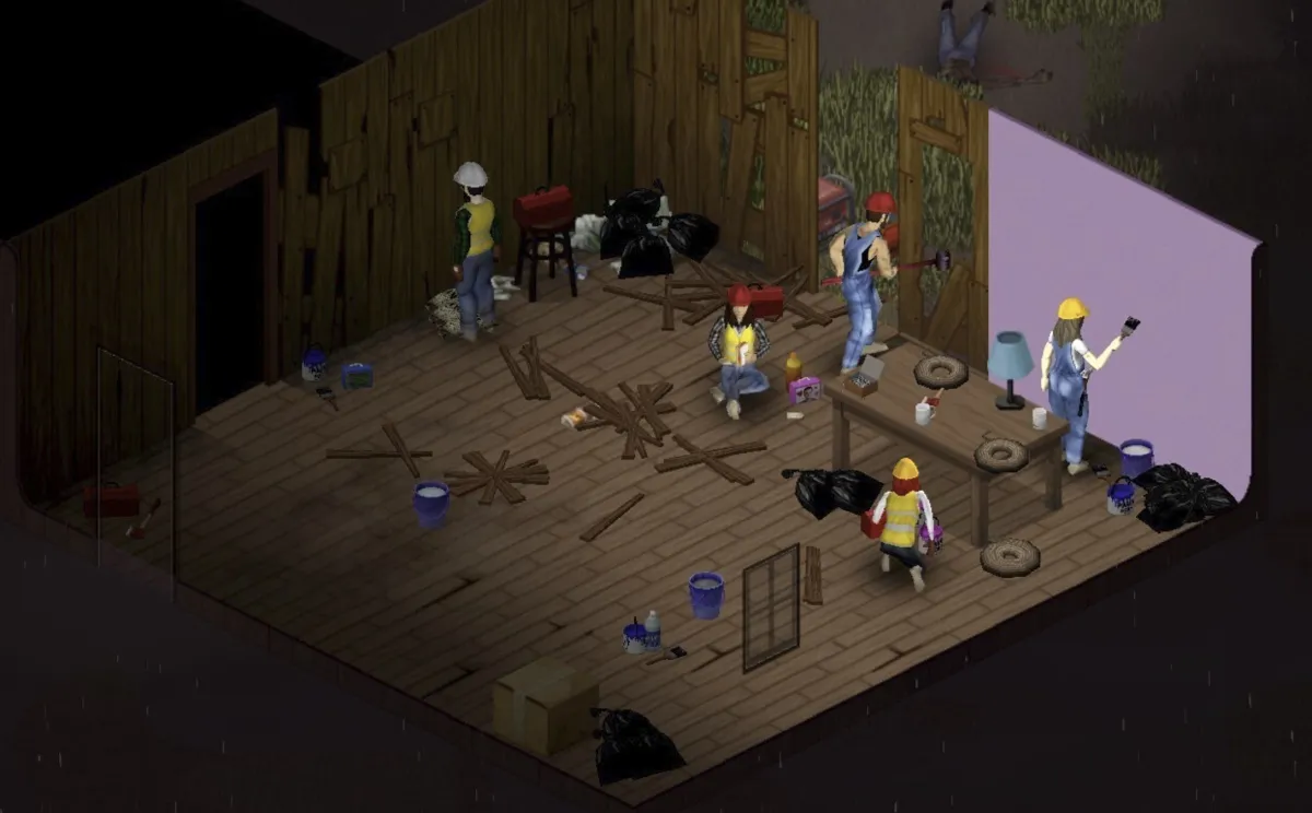 Characters paint a wall and clean up a room with rickety walls in Project Zomboid.