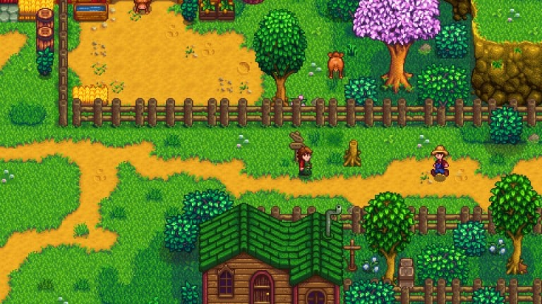 World Seed 269733094 in Stardew Valley with characters walking around a farm area with trees and a fence.