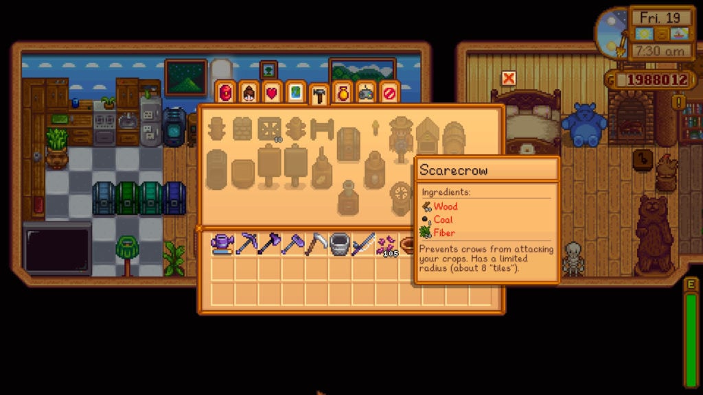 The scarecrow recipe in a player's inventory in Stardew Valley.