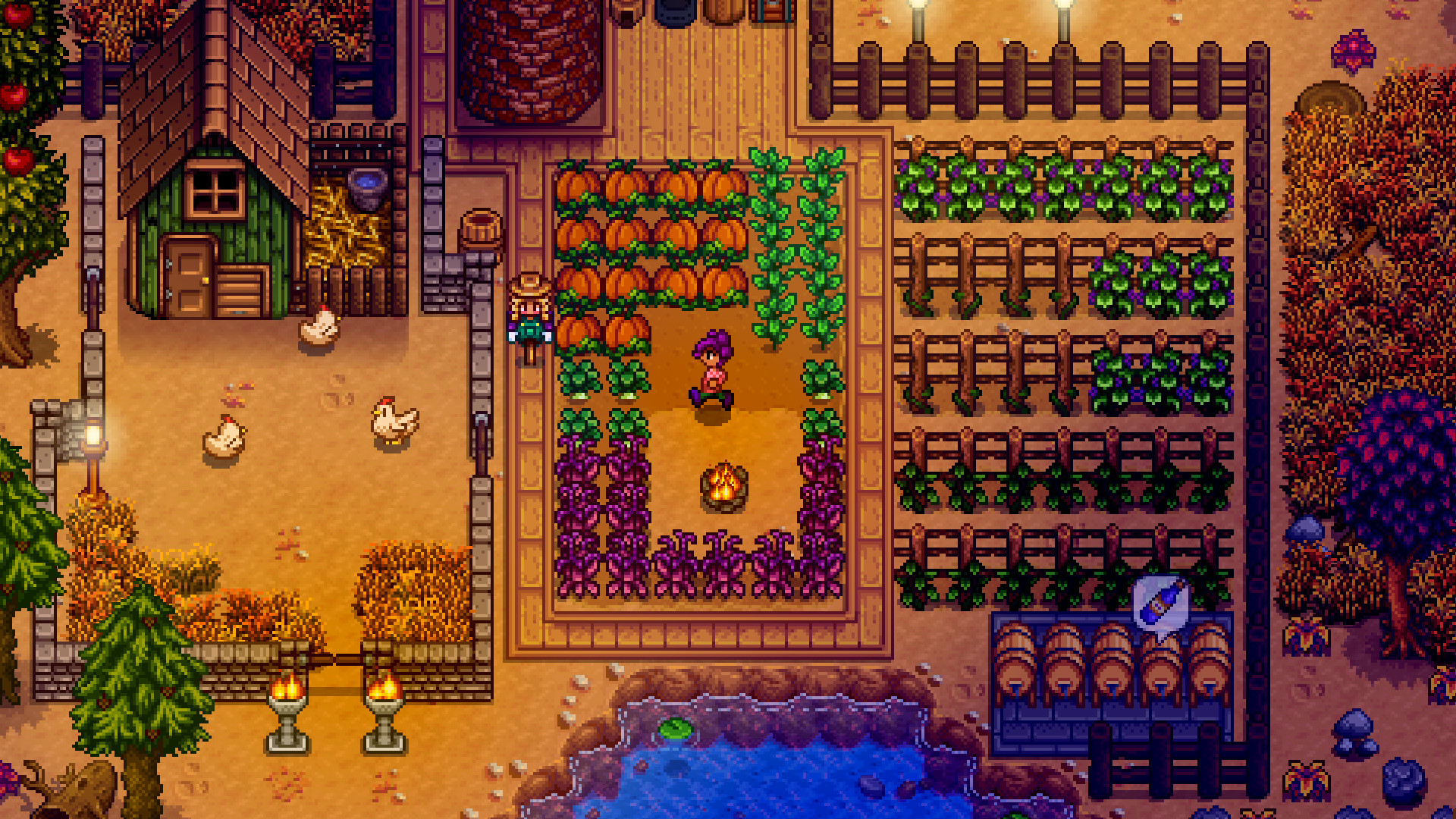 A warm and comforting Stardew Valley farm with plenty of crops, chickens, and a forested area to the side.