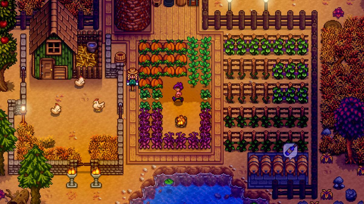 A warm and comforting Stardew Valley farm with plenty of crops, chickens, and a forested area to the side.
