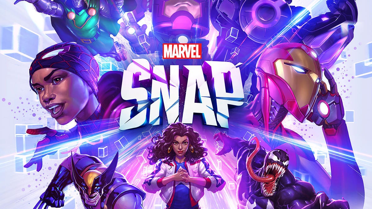 Promotional art for Marvel Snap, showing different characters surrounded by purple effects.