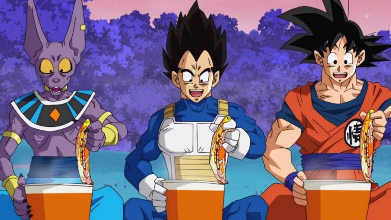 Goku, Vegeta, and cat-person Beerus look excitedly at their ramen