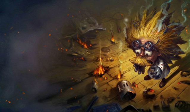 Heimerdinger stares at the rubble of an explosion which has also blown his hair back and singed his mustache.