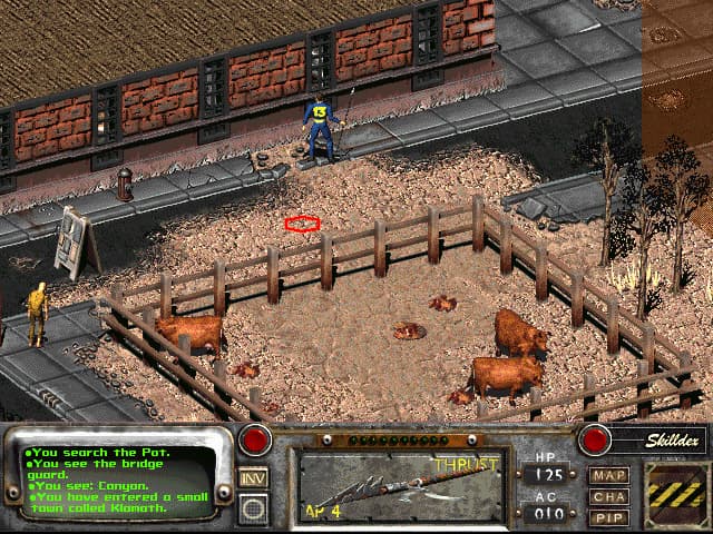 Fallout 2 player next to a Brahmin pen