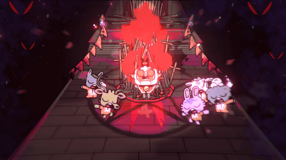 A lamb is surrounded by his cult members mid-ritual.