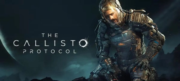 The Callisto Protocol title screen, with a man hunched over in a space suit.