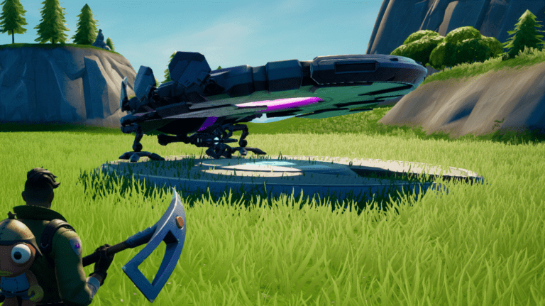 A character in Fortnite looks at a UFO