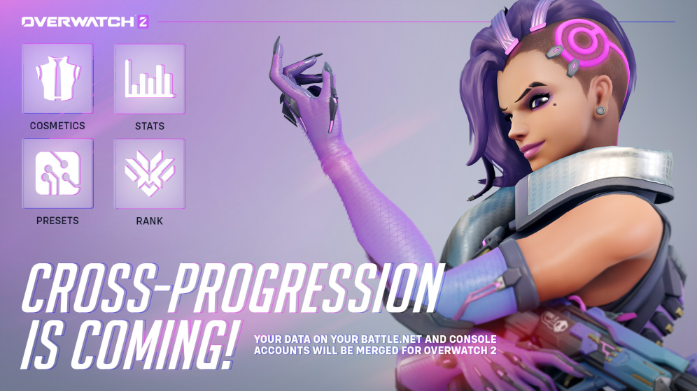 Sombra stands next to a graphic detailing cross-progression in Overwatch 2.