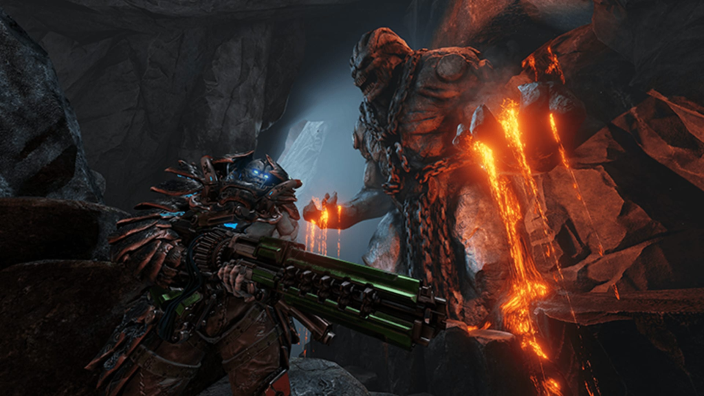 A fighter wielding a gun next to dripping magma in Quake Champions