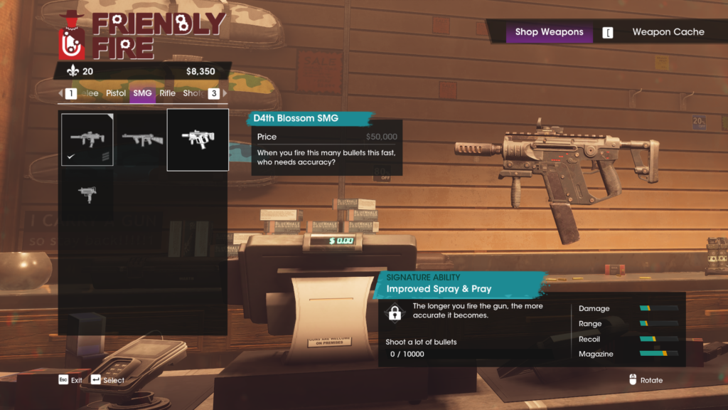 A screenshot showing a small smg that can be held with one hand or two to stabilize from Saints Row