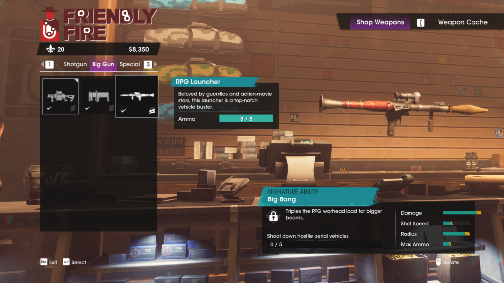 A screenshot from Saints Row showing an RPG launcher that shoots rockets