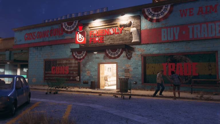 A screenshot from Saints Row showing a friendly fire gun storefront with a sign with the name and a large revolver