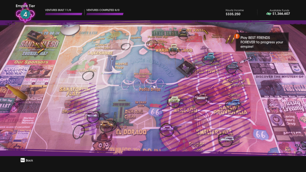 A map showing different districts in Santo Ileso with businesses placed in different purple shaded districts