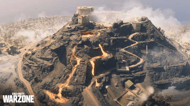 Caldera, a map from Call of Duty, containing a hill with lava and rock.