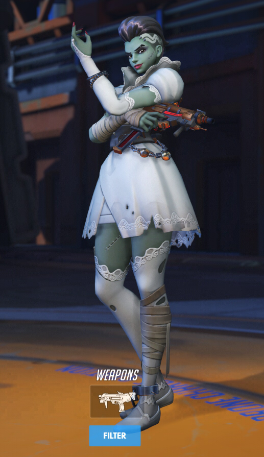 Sombra wears a Bride of Frankenstein-inspired skin.