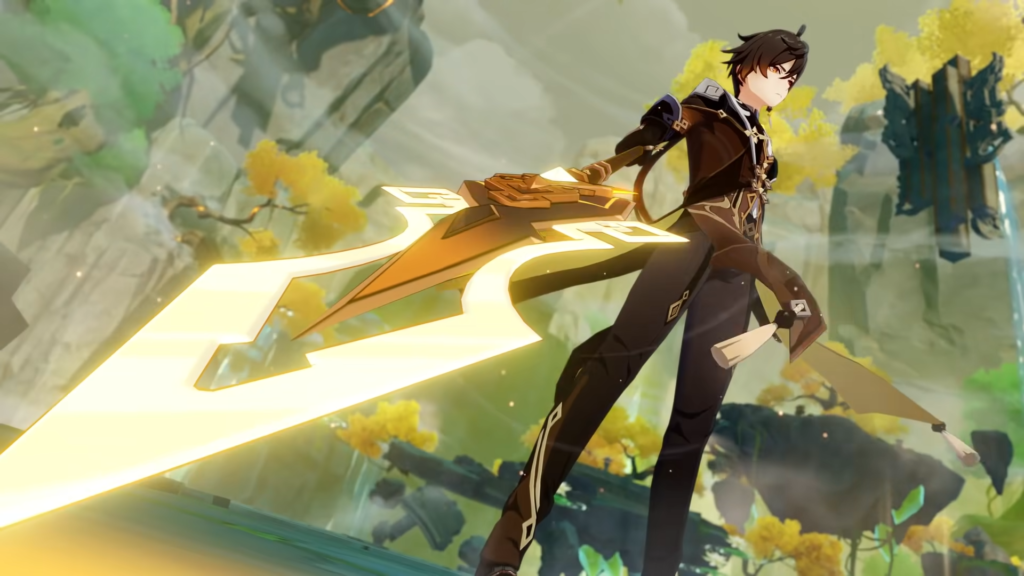 Zhongli pointing his polearm at the ground.