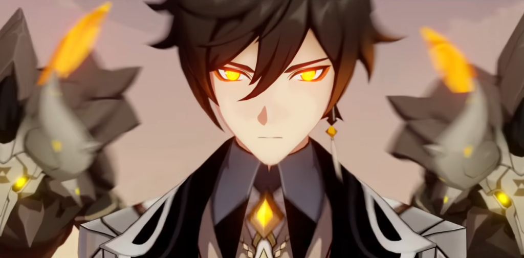 Zhongli looking forward with his eyes glowing and two Stonehide Lawachurl's looming behind him.