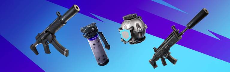 An image from Fortnite showing the Suppressed Assault Rifle, the Suppressed SMGs, the Shadow Bombs, and the Shield Bubbles