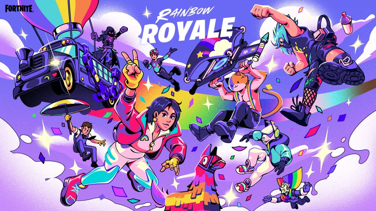 An image from Epic Games with different characters in Fortnite jumping out of the battle bus with Rainbow Royale at the top