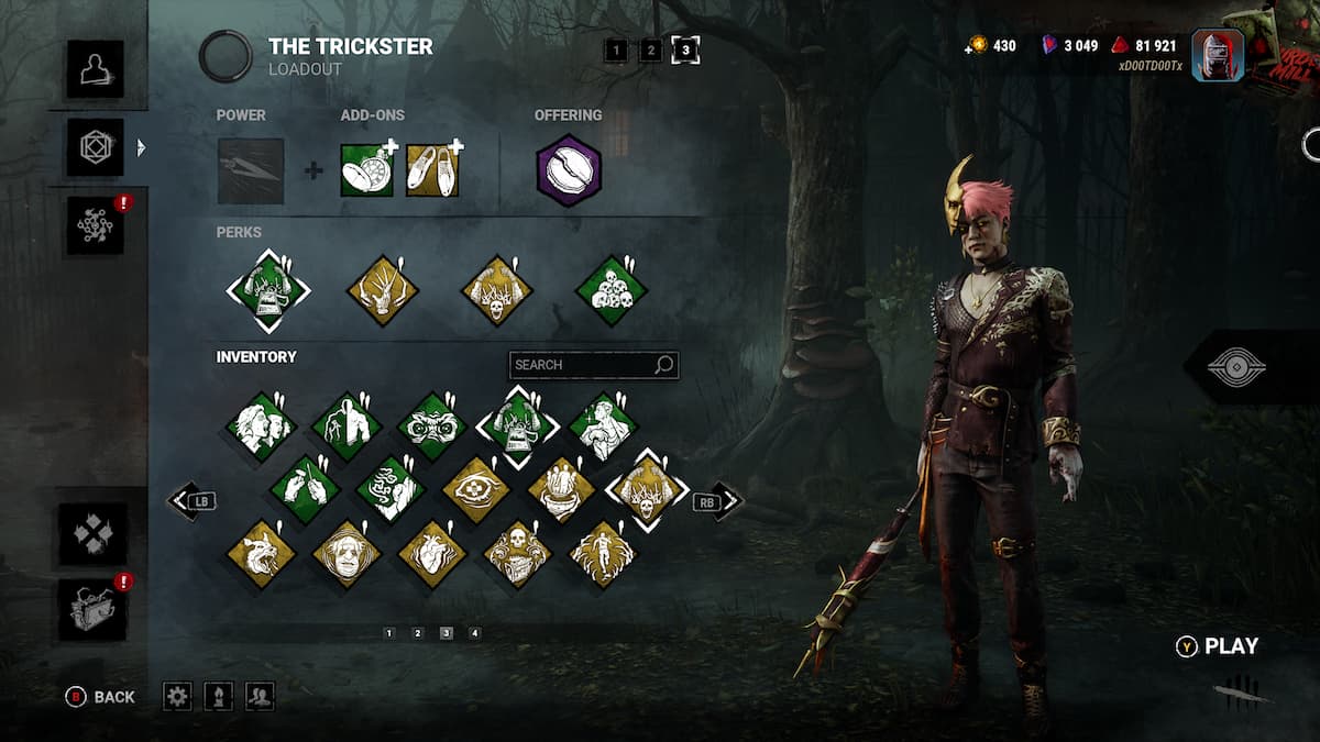 trickster in a brown and pink outfit with his perk build