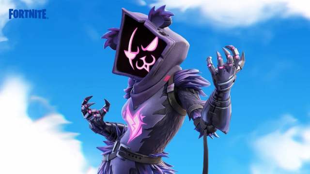 An image of the Raven Team Leader from Fortnite. This skin has a large hood with a glowing pink face, and is covered in raven feathers.