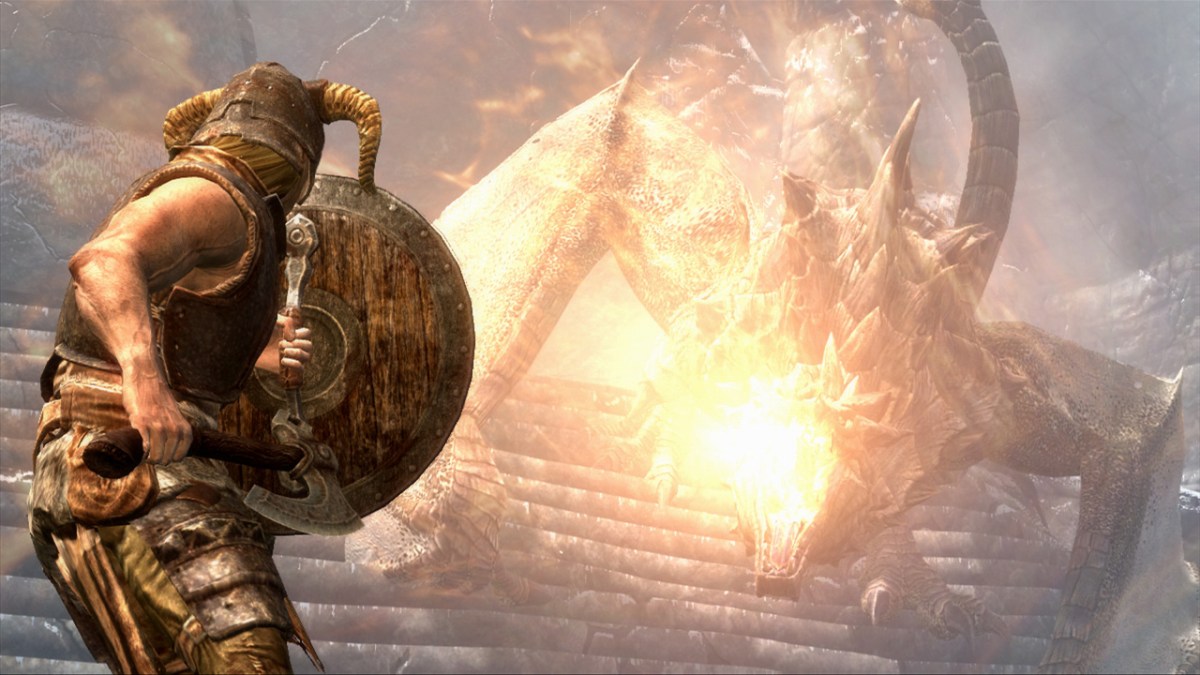 A Dragonborn battles a dragon in Skyrim