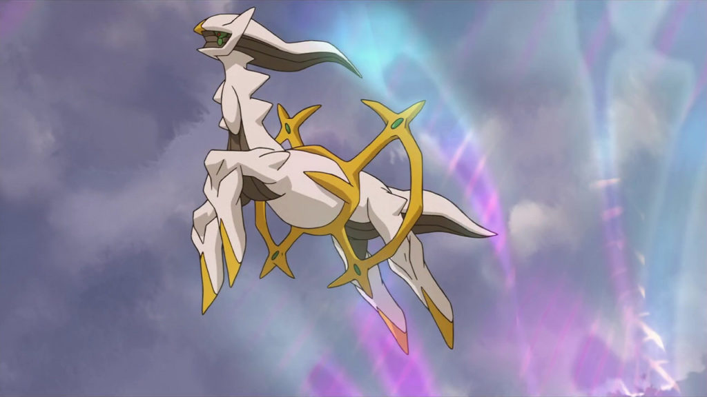 Arceus flies through the sky.