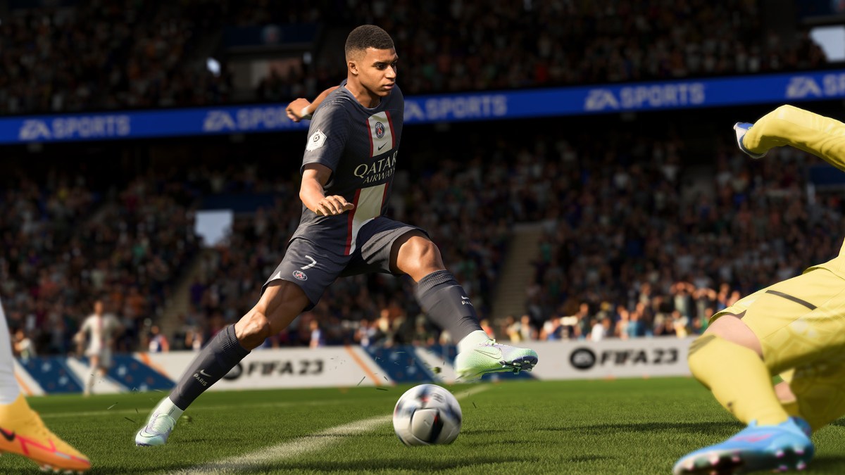 Mbappe dribbling past a goalkeeper in EA FC 24.