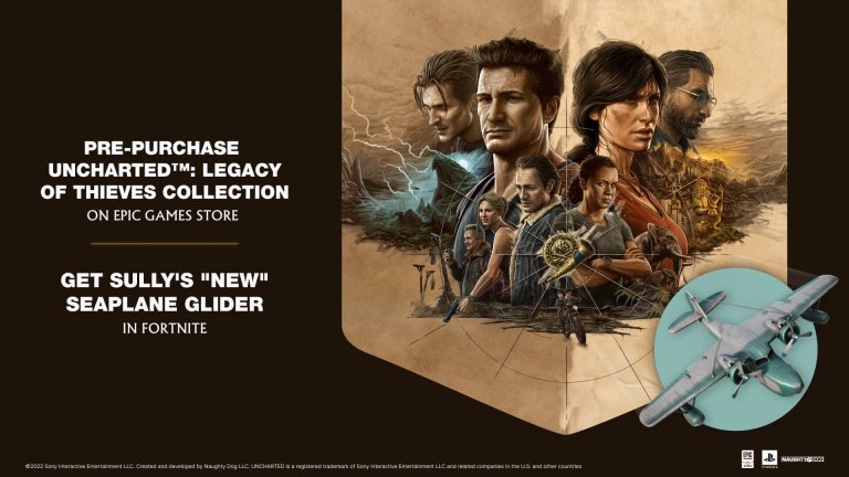 A promo image for Uncharted: Legacy of Thieves showing all the main characters and the Fortnite Seaplane Glider that comes with pre-purchase