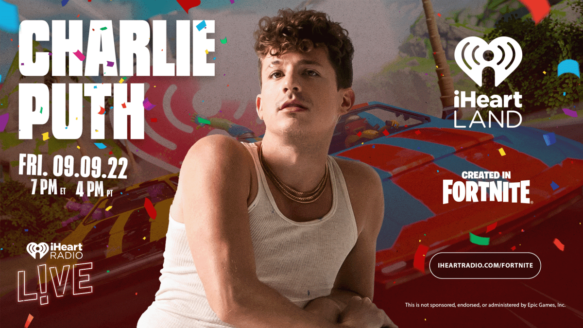 A promotional image of Charlie Puth for his Fortnite concert with iHeartRadio