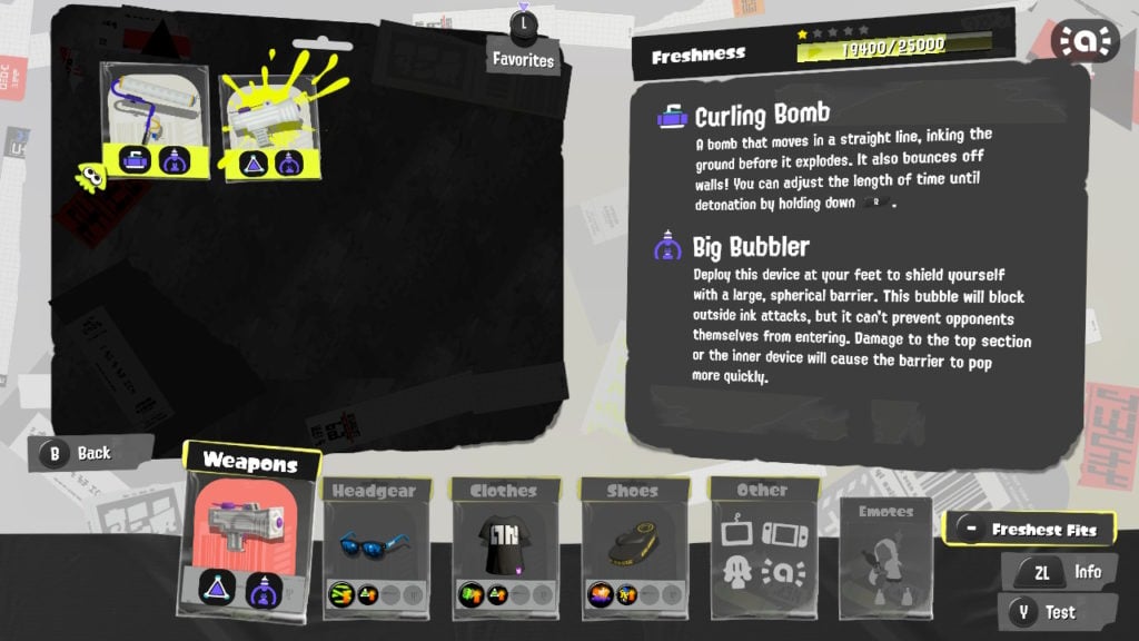 The weapon equip screen in Splatoon 3.