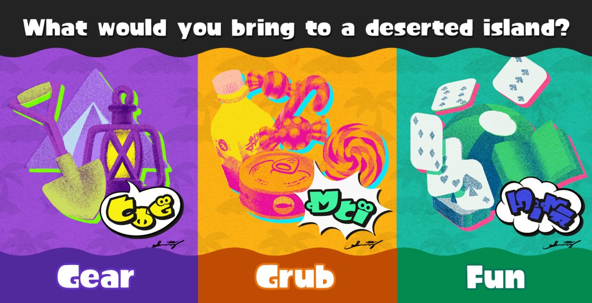 An illustration of the three Splatfest teams.