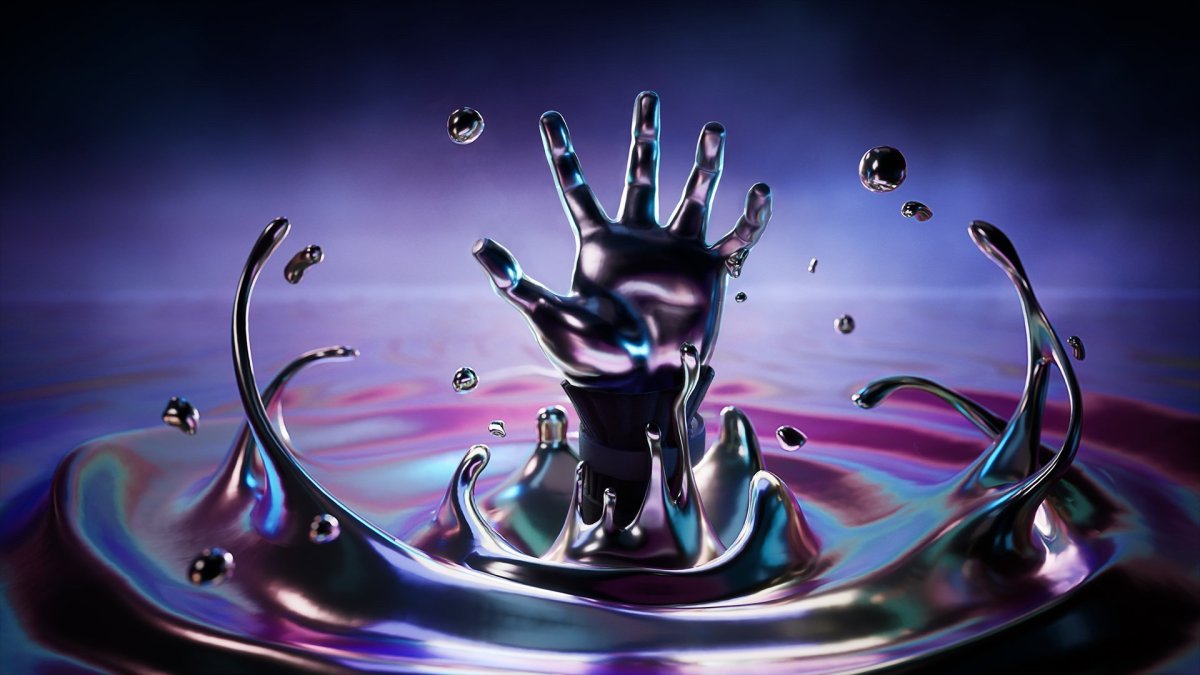 A promotional image from Epic Games showing a character's chrome hand reaching out of Chrome liquid