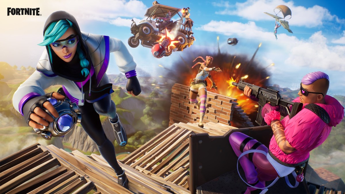 A promotional image from Epic Games showing a character jumping away from an explosion while another shoots at a golf cart