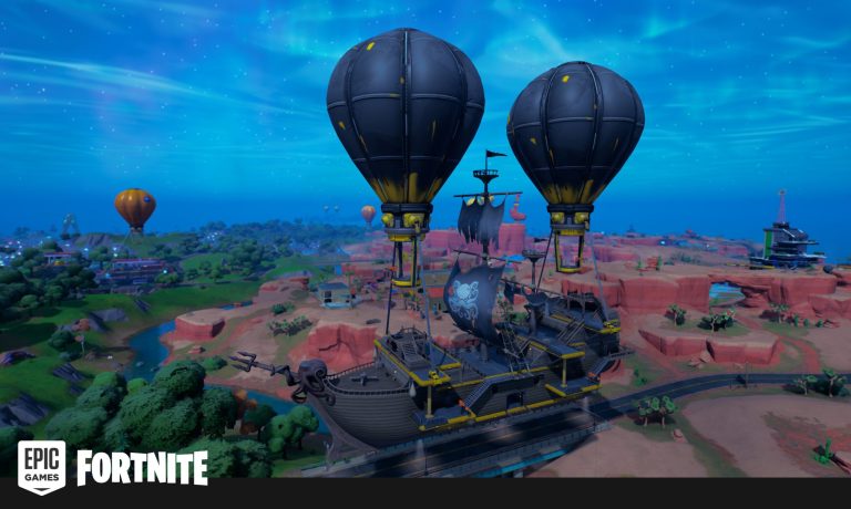 An image from Fortnite showing the ship from Lustrous Lagoon over the desert region