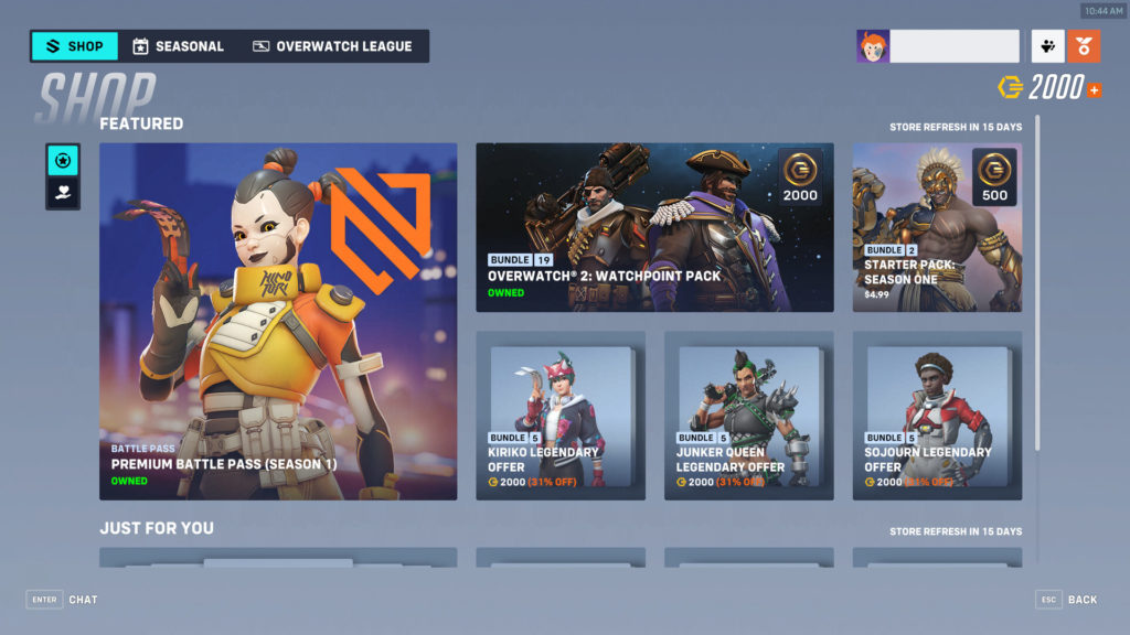 The front page of the Overwatch 2 shop.