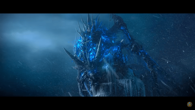 A black and royal blue dragon, Sindragosa, sits atop an icy peak in front of a dark snowy sky.