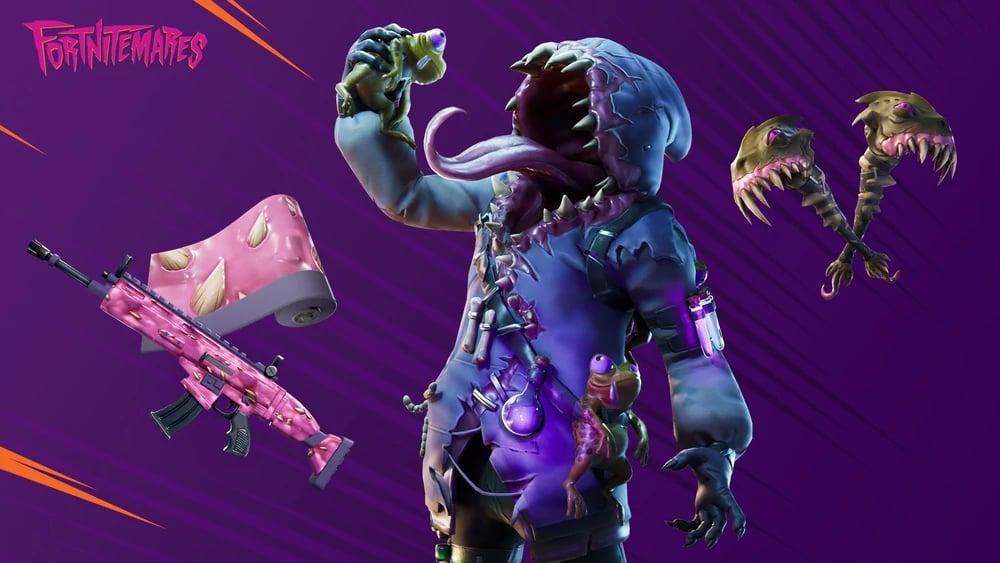 A Fortnite promo image for a character with a giant mouth that takes up the entire face, with a long tongue reaching otu