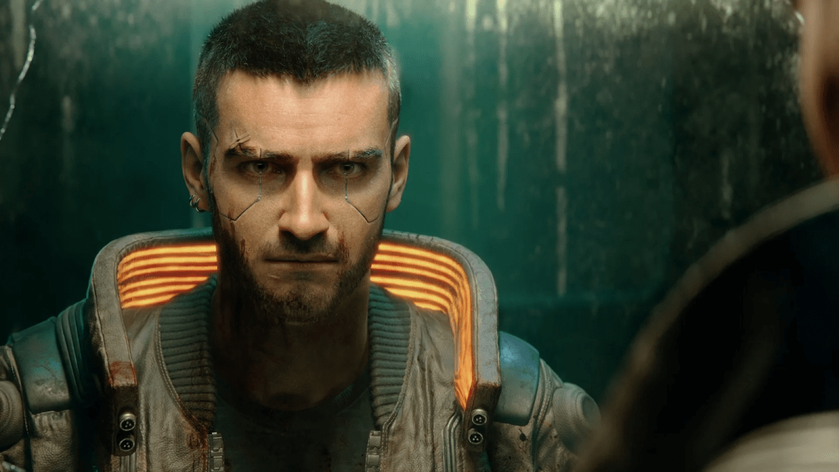 V staring at mirror in Cyberpunk 2077